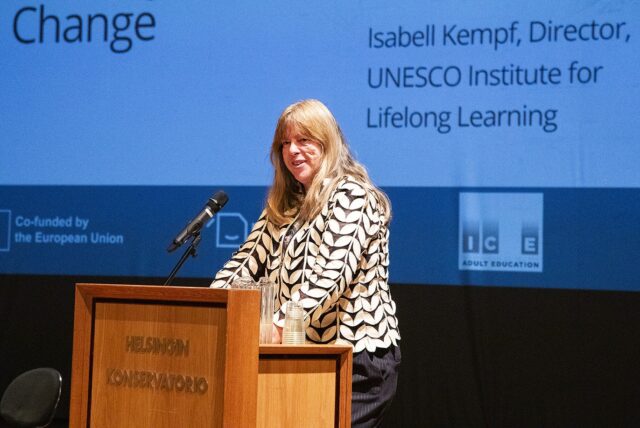 At the EAEA conference in Helsinki, Isabell Kempf, Director of the UNESCO Institute for Lifelong Learning, listed concrete actions through which lifelong learning can tackle the major challenges of our time. Photo: Kvs.