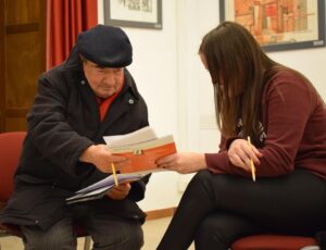 Chantal van der Sluijs from Hanze University of Applied Sciences in Groningen, the Netherlands, interviews a local man in Frigento, Italy.